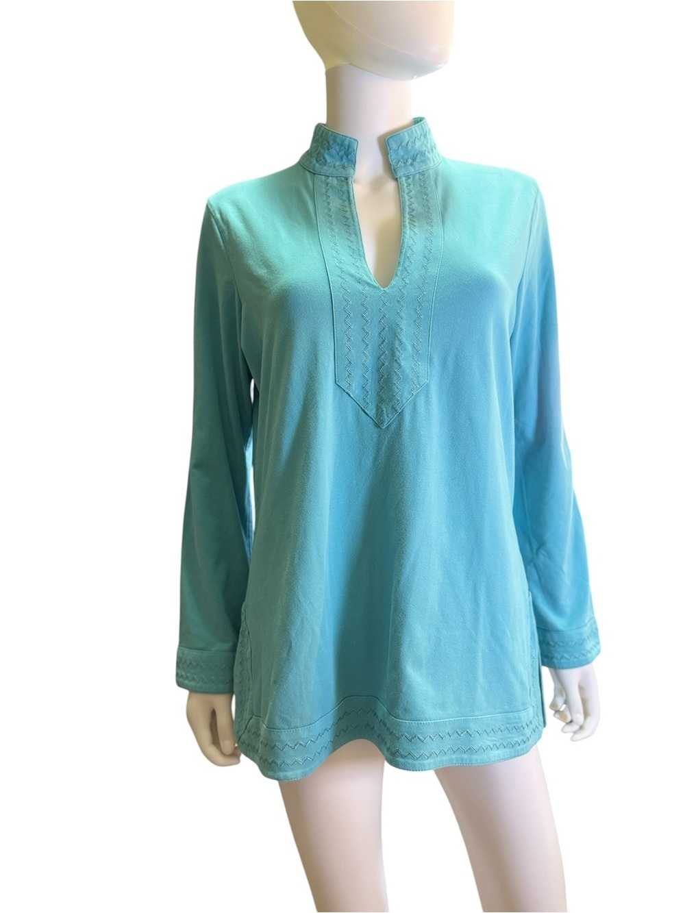 Lands End Womens Tunic Top Teal Long Sleeve with Embroidery Size 10-12 EUC